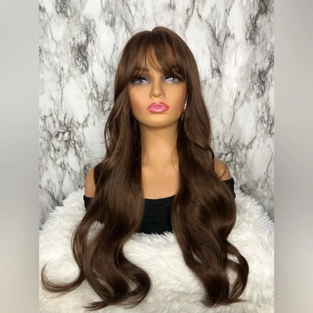 28 Inch Wig Brown Loose Wavy Wig With Bangs long Luxury hair